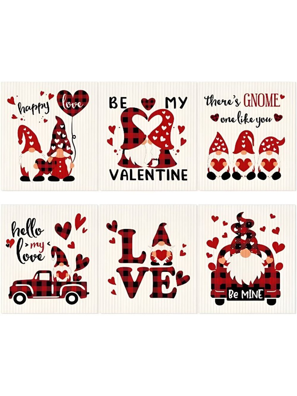 6 Pcs Valentines Swedish Valentine's Day Gnome Kitchen Dishcloths Buffalo Plaid